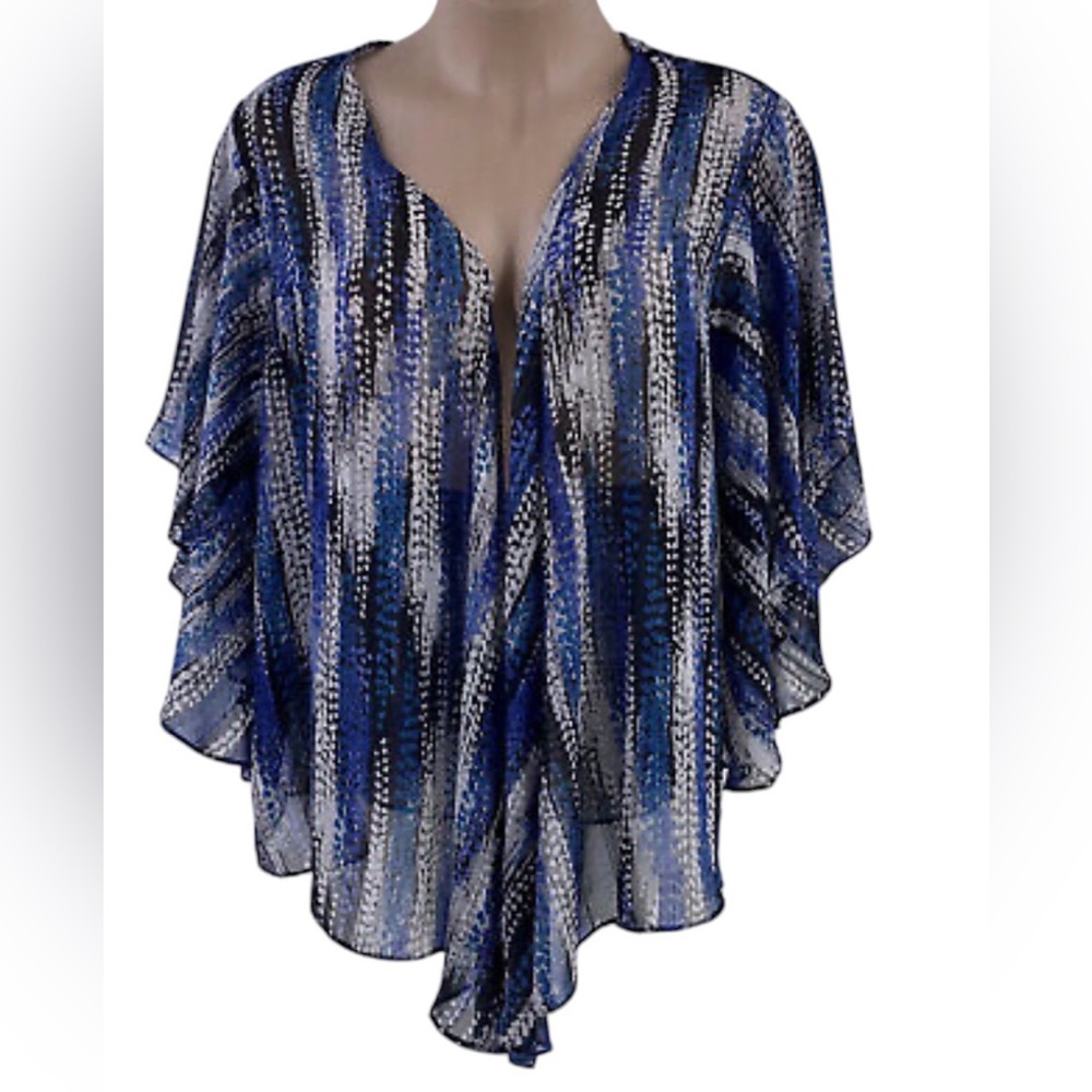 Dressbarn Open Front Kimono Womens 22-24 Blue Black Gray Metallic Silver Thread